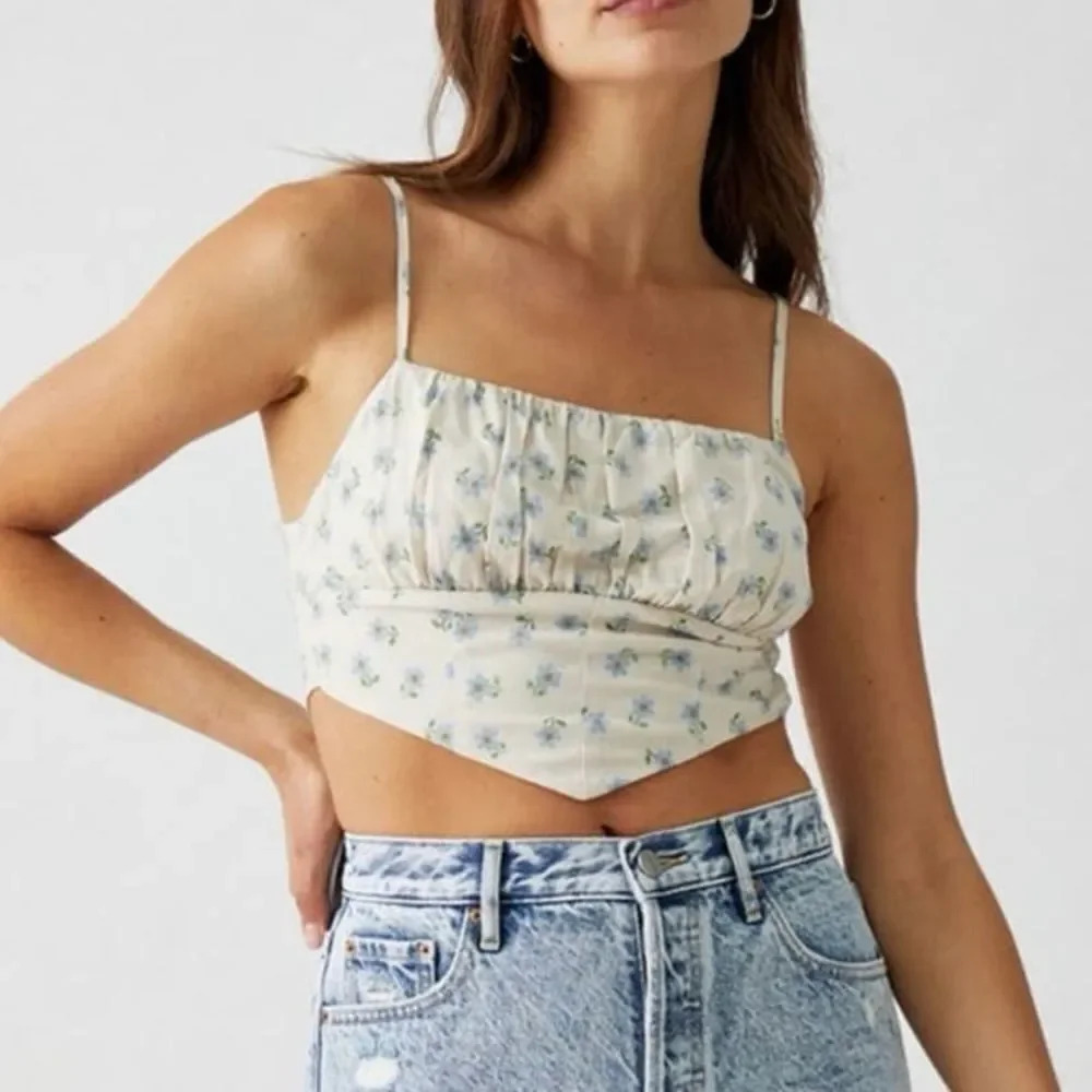 PACSUN Kendall & Kylie Size M Handkerchief Crop Top Tie Back Yellow Ditsy Floral